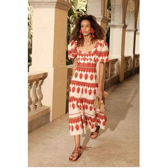 Johanna Ortiz Puff Sleeve Tiered Midi Dress Red Pepper Size 2 Euro Summer - Picture 1 of 12